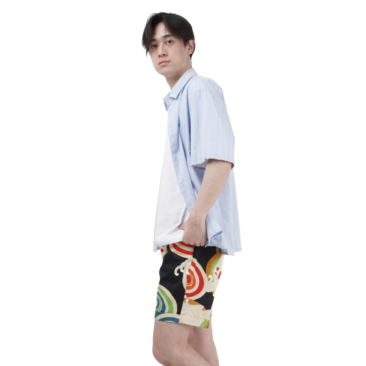 和柄 KIMONOショーツ ＜渦と立波/黒＞ | 京友禅アロハシャツ