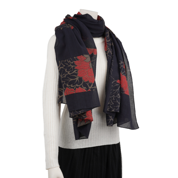 花柄 シルク綿大判ストール ＜菊/黒赤＞ | 京友禅アロハシャツ【Pagong
