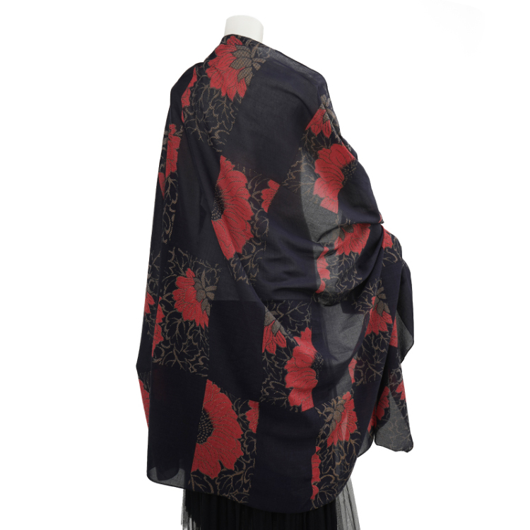 花柄 シルク綿大判ストール ＜菊/黒赤＞ | 京友禅アロハシャツ【Pagong