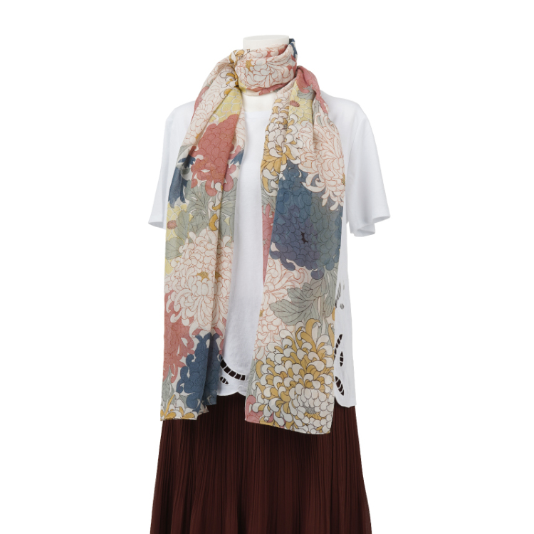 花柄 シルクストール ＜大輪菊/白黄＞ | 京友禅アロハシャツ【Pagong