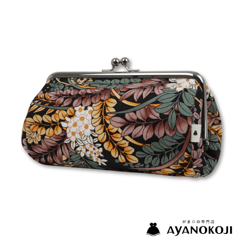 AYANOKOJI TAWARA型がま口コスメポーチ（大）＜草花文様/黒緑
