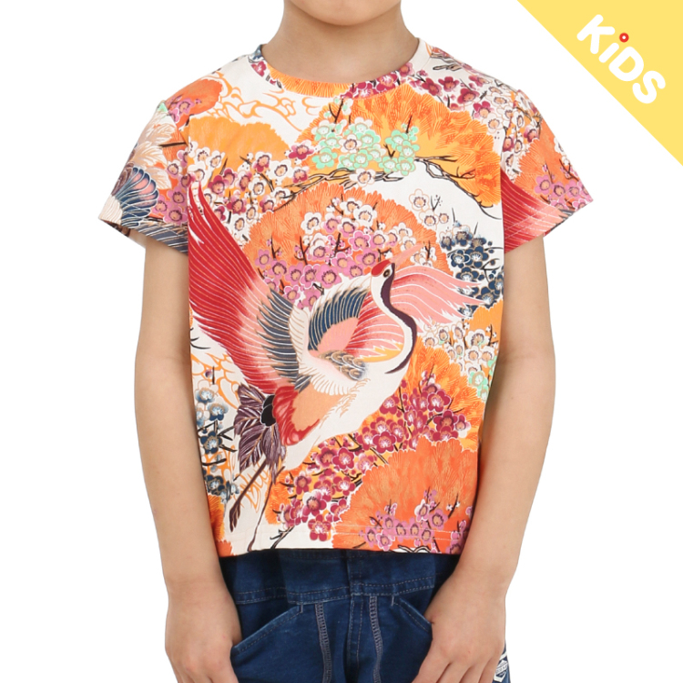 和柄 子供Tシャツ ＜百年の鶴/白橙＞ KIDS | 京友禅アロハシャツ ...