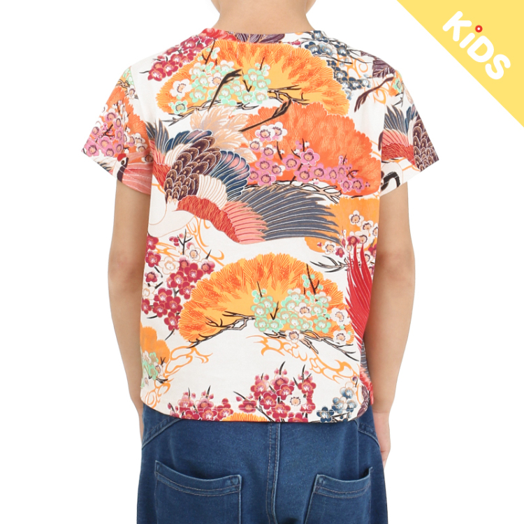 和柄 子供Tシャツ ＜百年の鶴/白橙＞ | 京友禅アロハシャツ