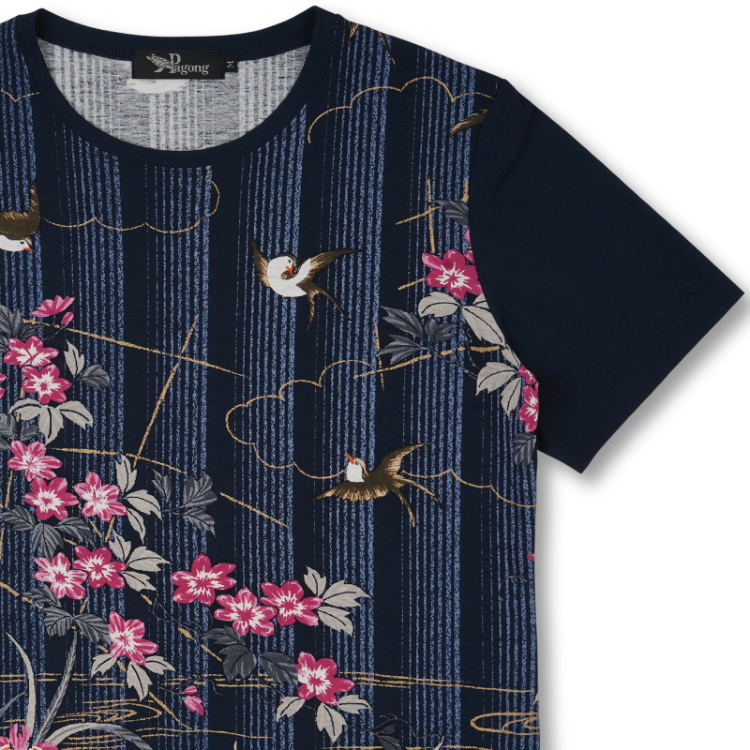 花柄 半袖Tシャツ ＜秋桜/黒青＞ | 京友禅アロハシャツ【Pagong