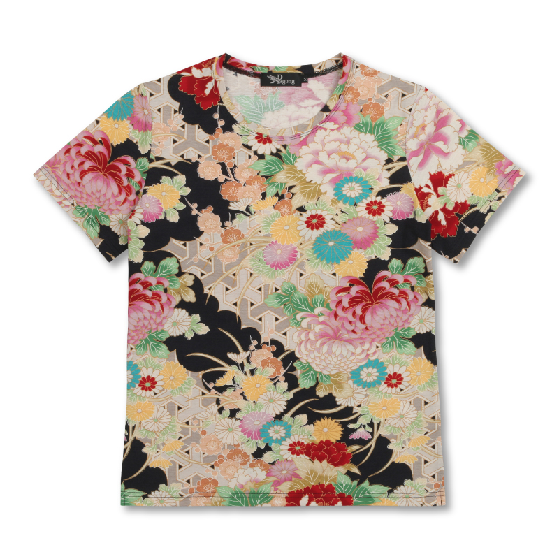 花柄 半袖Tシャツ ＜牡丹と菊/黒赤＞ Pagong レディース | 京友禅