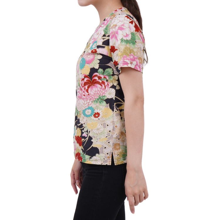 花柄 半袖Tシャツ ＜牡丹と菊/黒赤＞ Pagong レディース | 京友禅 