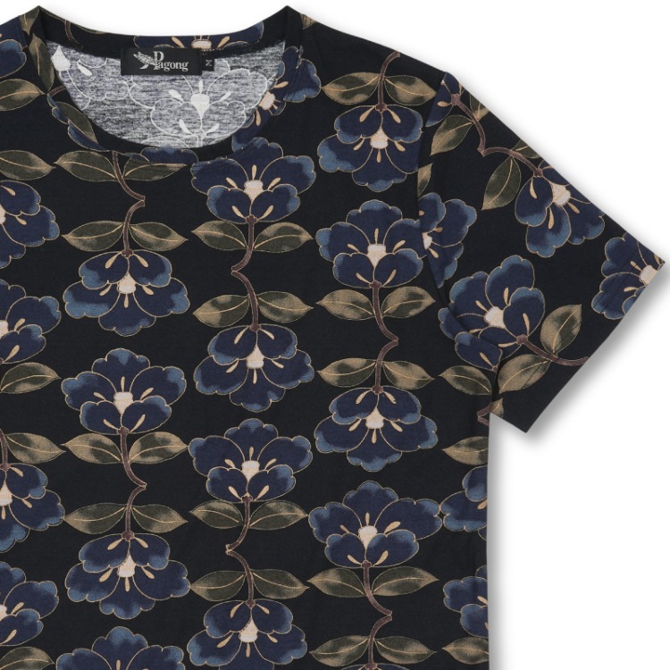 花柄 半袖Tシャツ ＜椿/黒紺＞ | 京友禅アロハシャツ【Pagong】公式