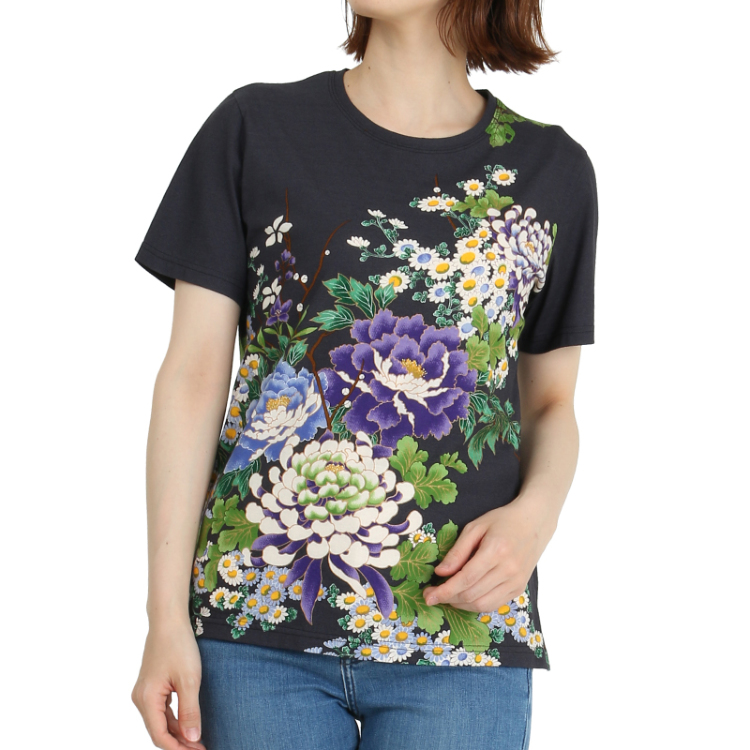 花柄 半袖Tシャツ ＜蔦と菊牡丹/墨紫＞ Pagong レディース | 京