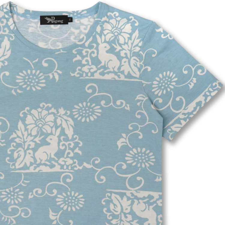 和柄 半袖Tシャツ ＜花うさぎ/水色＞ | 京友禅アロハシャツ【Pagong