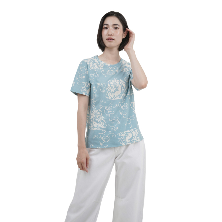和柄 半袖Tシャツ ＜花うさぎ/水色＞ | 京友禅アロハシャツ【Pagong