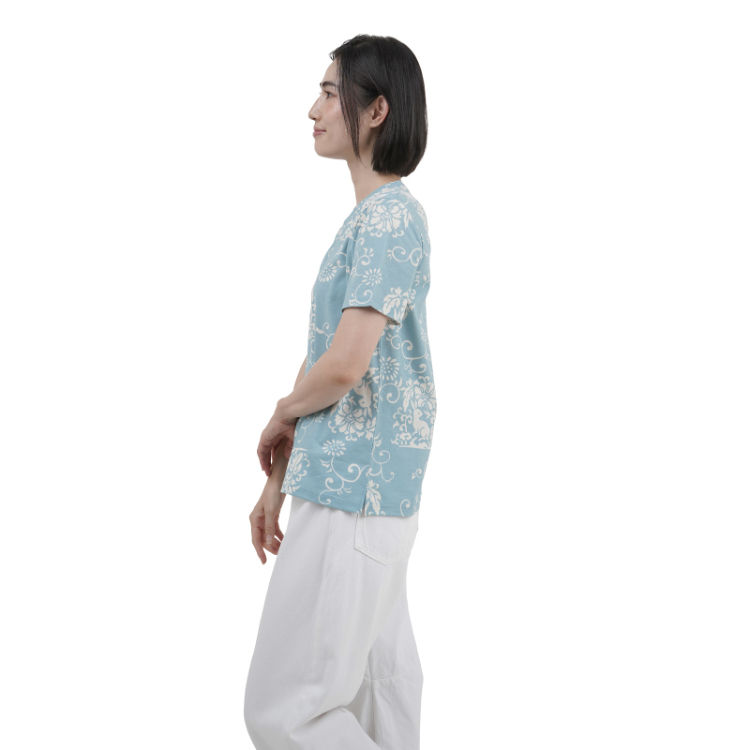 パゴン　Pagong 花柄 半袖チュニック 和柄 和柄 半袖チュニックロングⅡ ＜牡丹と菊/濃青＞ | 京友禅アロハ