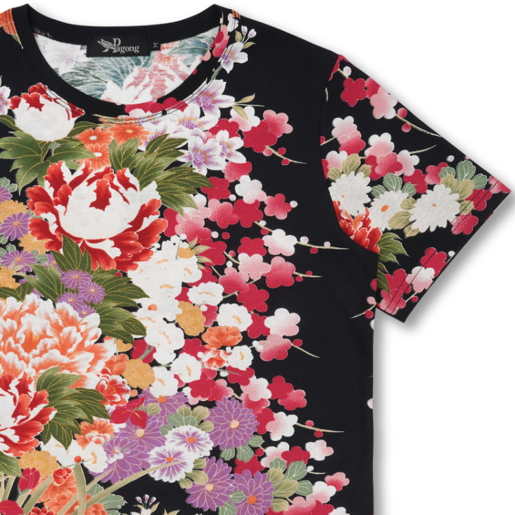 花柄 半袖Tシャツ ＜四季花/黒赤＞ | 京友禅アロハシャツ【Pagong