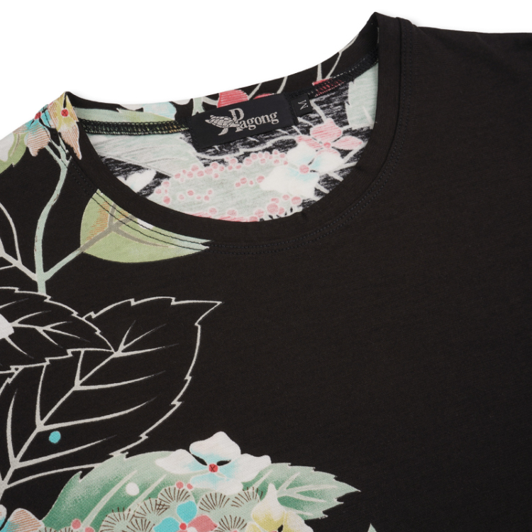 花柄 半袖Tシャツ ＜紫陽花/黒桃＞ | 京友禅アロハシャツ【Pagong 
