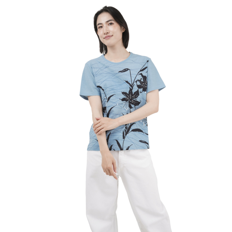 花柄 半袖Tシャツ ＜百合と露芝/水色＞ | 京友禅アロハシャツ