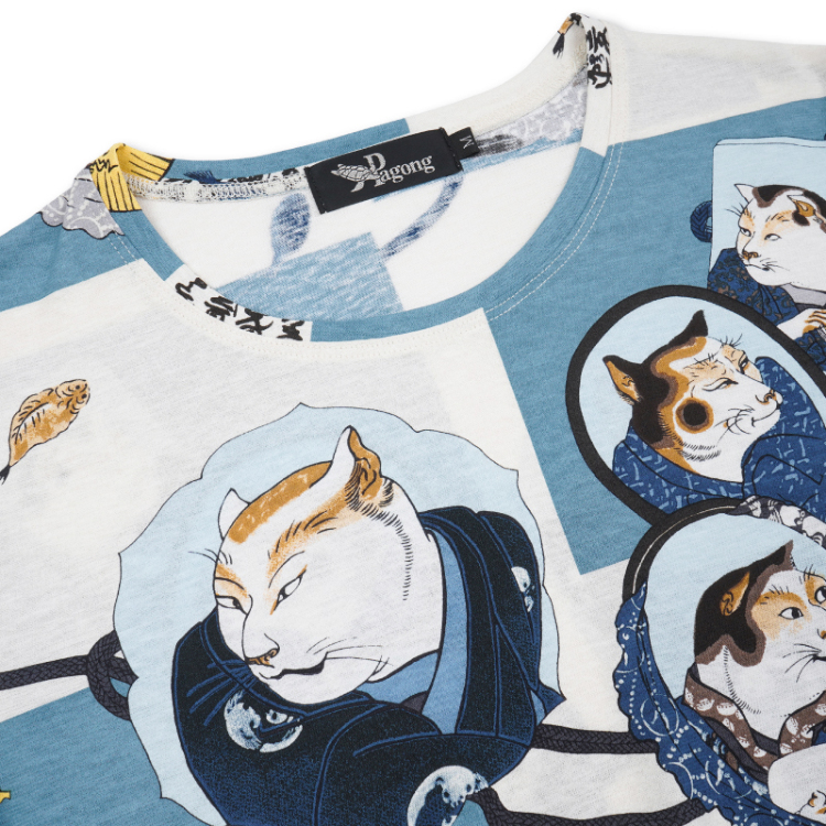 歌川国芳 半袖Tシャツ ＜猫の歌舞伎/白水色＞ | 京友禅アロハシャツ
