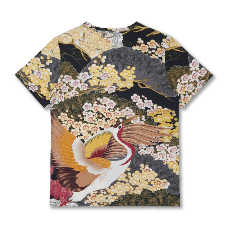 和柄 半袖Tシャツ ＜百年の鶴/黒＞ | 京友禅アロハシャツ