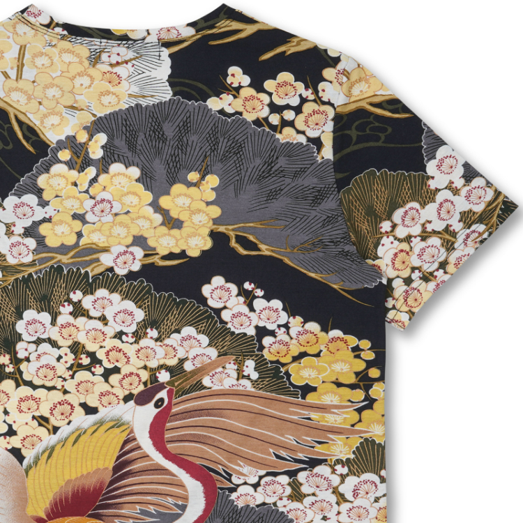 和柄 半袖Tシャツ ＜百年の鶴/黒＞ | 京友禅アロハシャツ