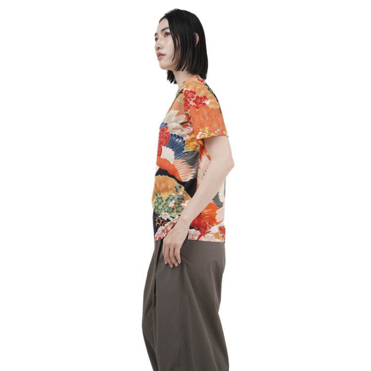 和柄 半袖Tシャツ ＜百年の鶴/黒橙＞ | 京友禅アロハシャツ