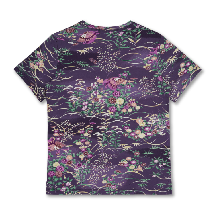 和柄 半袖Tシャツ ＜蝶に草花/紫＞ | 京友禅アロハシャツ【Pagong