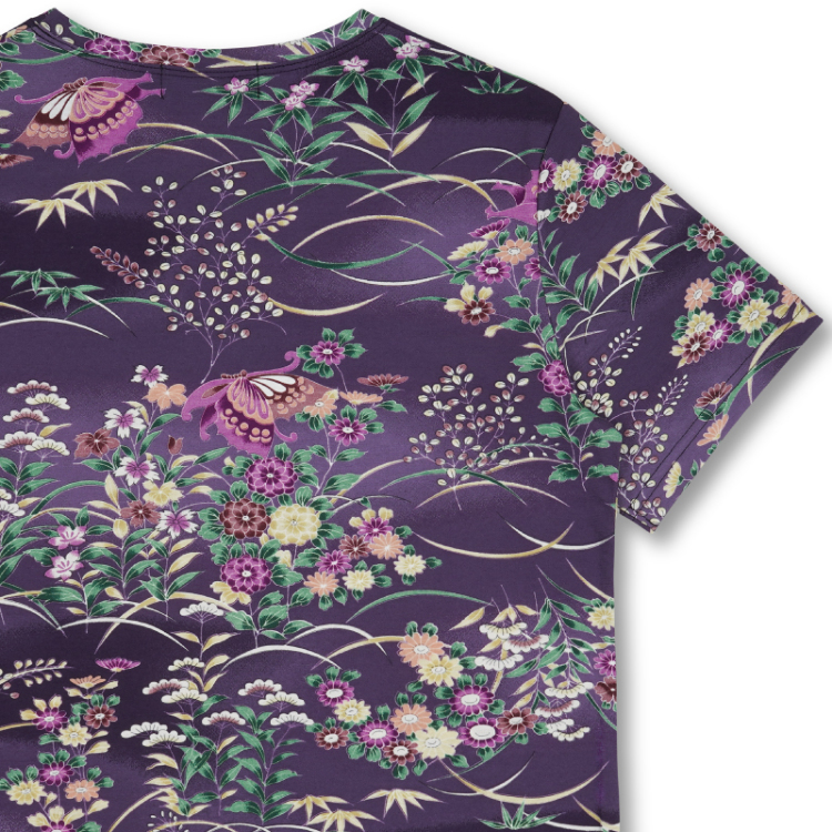 和柄 半袖Tシャツ ＜蝶に草花/紫＞ | 京友禅アロハシャツ【Pagong