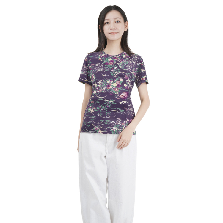 和柄 半袖Tシャツ ＜蝶に草花/紫＞ | 京友禅アロハシャツ【Pagong