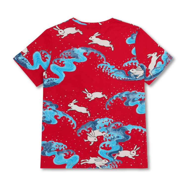 和柄 半袖Tシャツ ＜波に兎/赤＞ Pagong レディース | 京友禅アロハ 