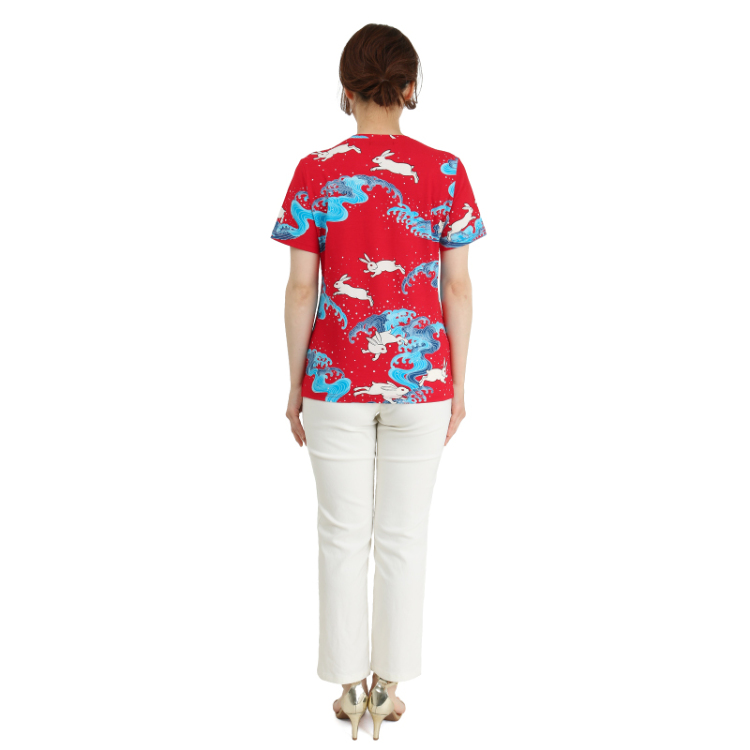 和柄 半袖Tシャツ ＜波に兎/赤＞ Pagong レディース | 京友禅アロハ 