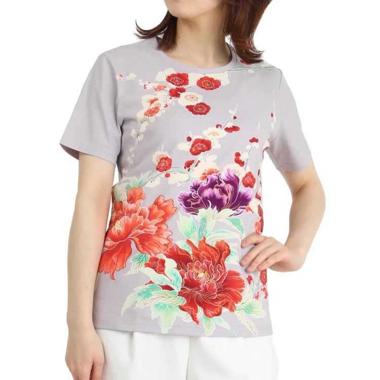 花柄 半袖Tシャツ ＜富貴花/鼠橙＞ Pagong レディース | 京友禅アロハ 