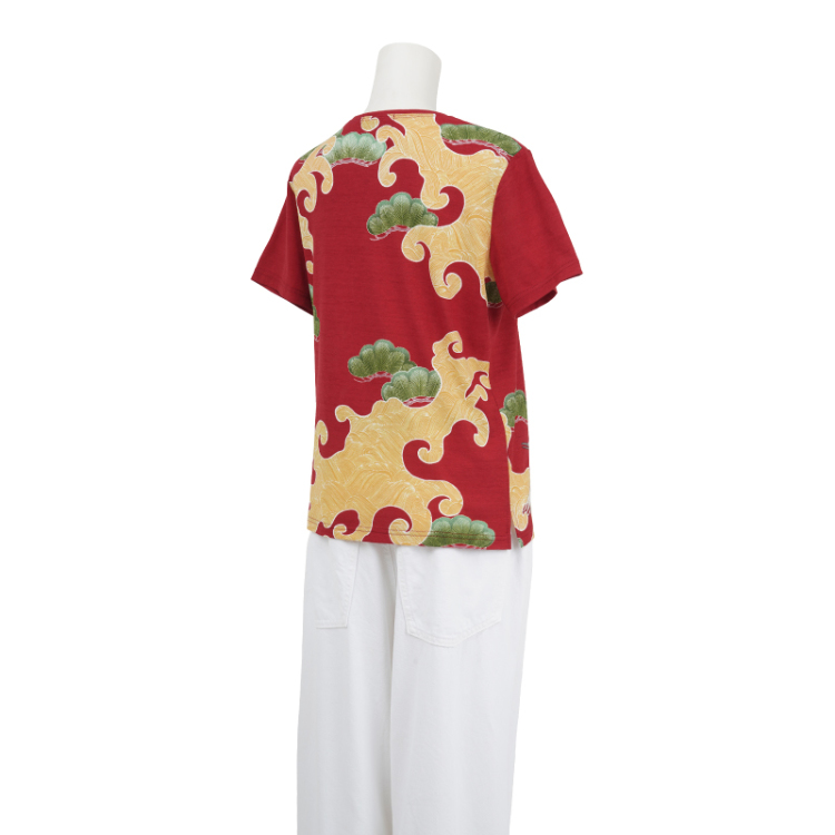 和柄 半袖Tシャツ ＜松波と鶴/赤＞ | 京友禅アロハシャツ【Pagong
