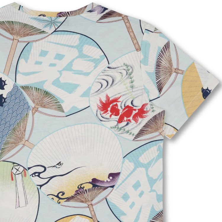 和柄 半袖Tシャツ ＜京涼の団扇/水色＞ | 京友禅アロハシャツ【Pagong
