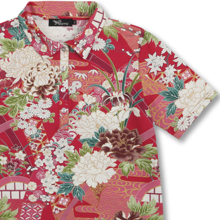 花柄 ポロシャツ ＜竹に花尽くし/赤茶＞ | 京友禅アロハシャツ