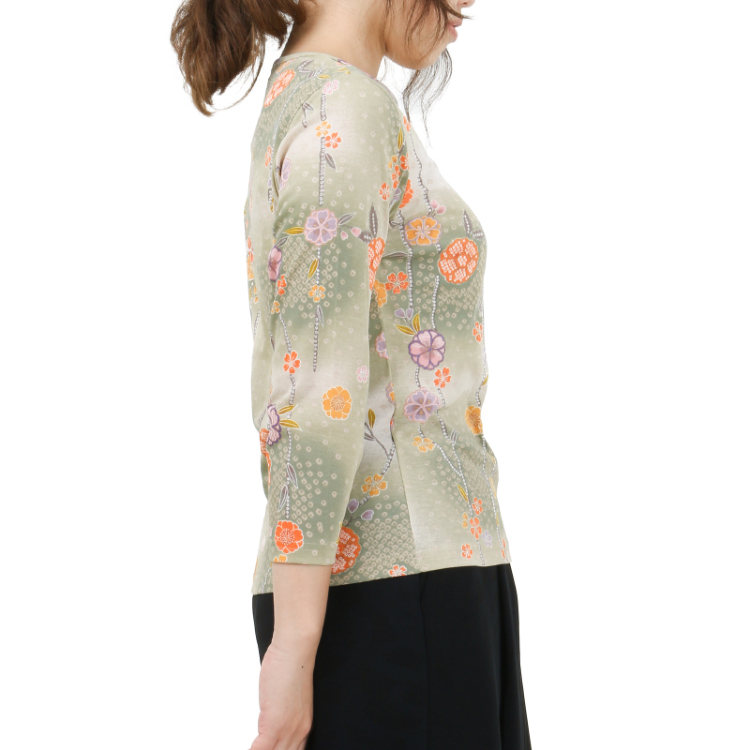 和柄 七分袖カットソー ＜枝垂れ桜/淡緑＞ | 京友禅アロハシャツ