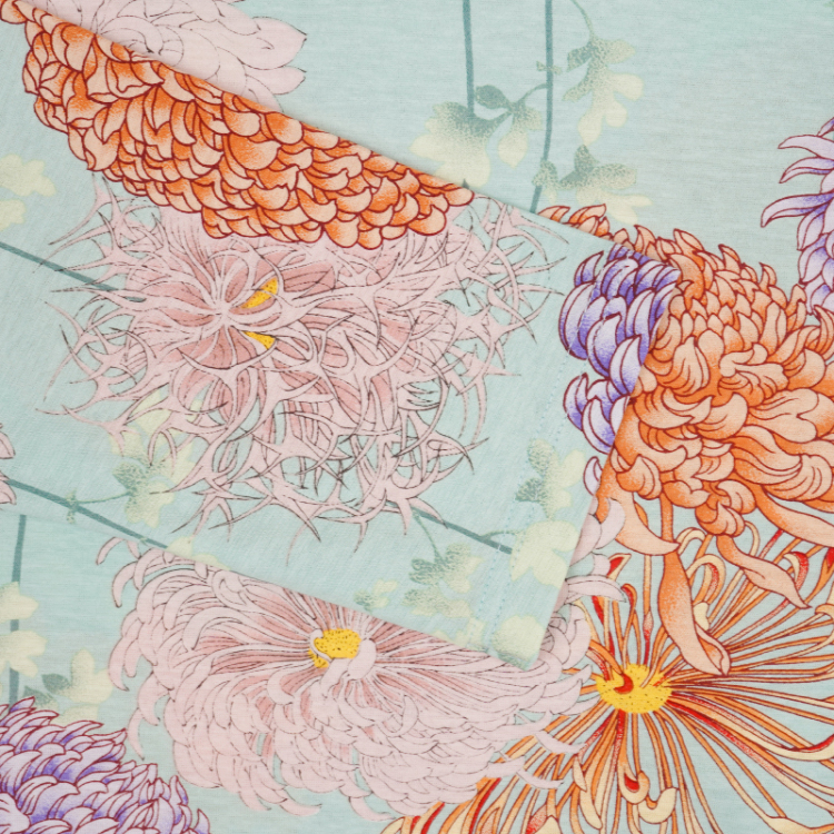 花柄 七分袖カットソー ＜彩り菊蔦文様/緑色＞ | 京友禅アロハシャツ