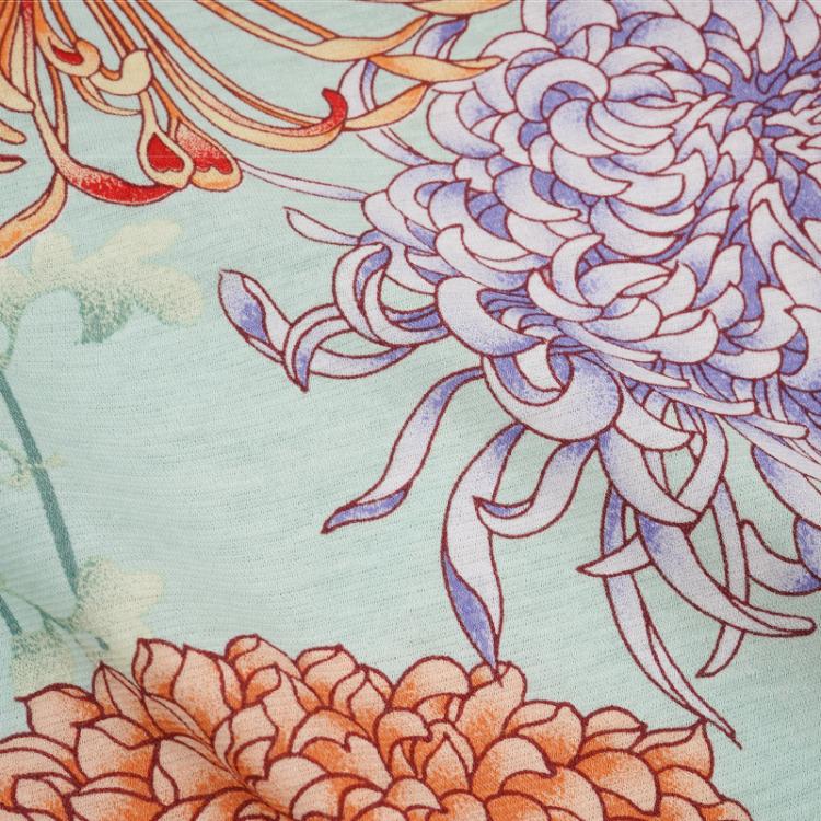 花柄 七分袖カットソー ＜彩り菊蔦文様/緑色＞ | 京友禅アロハシャツ