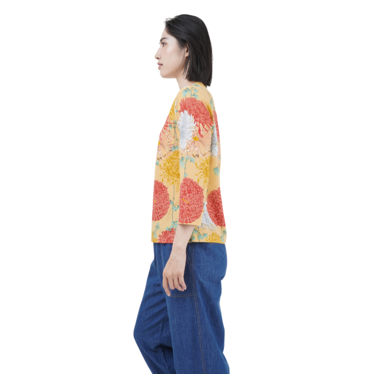 花柄 七分袖カットソー ＜彩り菊蔦文様/黄＞ | 京友禅アロハ