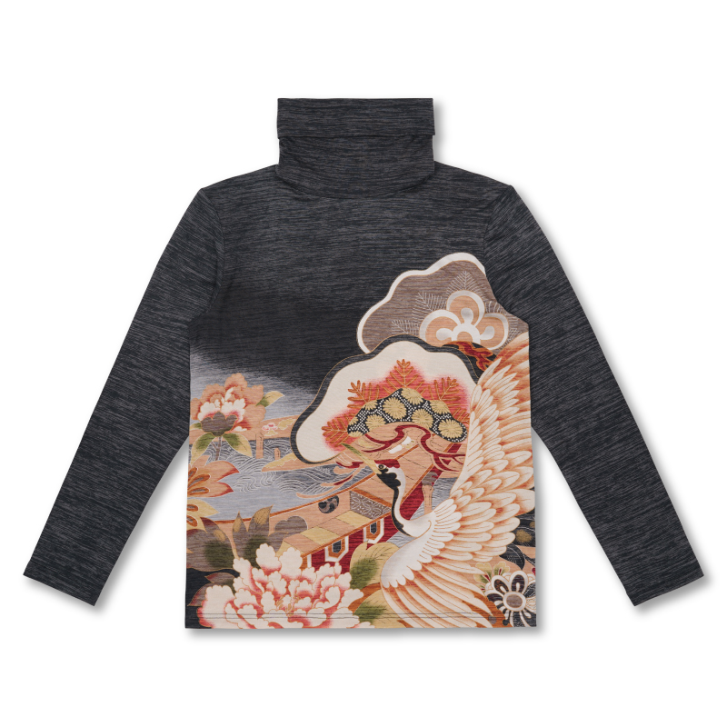 わはははは 和柄 タートルネック長袖 ＜舟と鶴/墨＞ | 京友禅アロハシャツ【Pagong