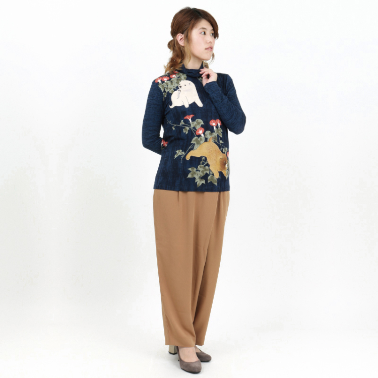 円山応挙 タートルネック長袖 ＜朝顔狗子図/紺＞ | 京友禅アロハシャツ