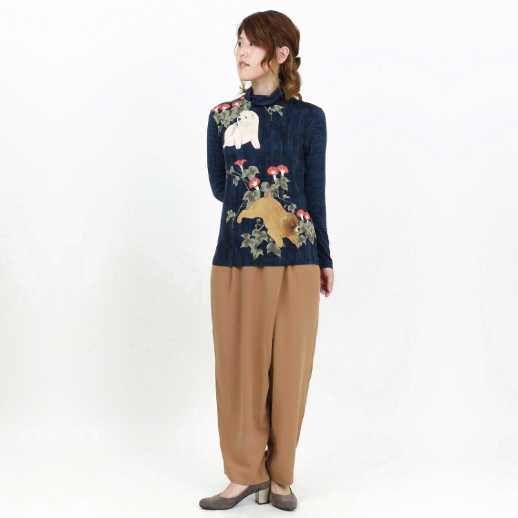 円山応挙 タートルネック長袖 ＜朝顔狗子図/紺＞ | 京友禅アロハシャツ