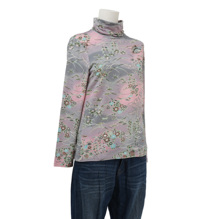 和柄 タートルネック長袖 ＜蝶に草花/銀鼠＞ | 京友禅アロハシャツ