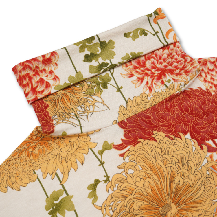 花柄 タートルネック長袖 ＜彩り菊蔦文様/砂色＞ | 京友禅アロハシャツ