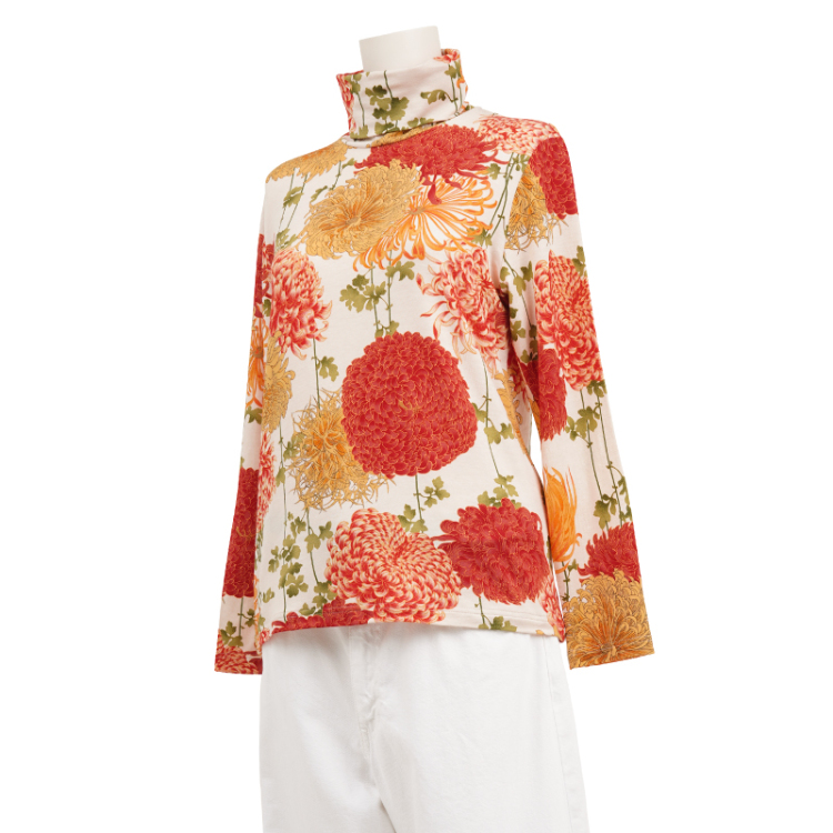【美品】kapital キャピタル　ゴブラン織　ハイネックロンT 総柄　花柄 花柄 タートルネック長袖 ＜彩り菊蔦文様/砂色＞ | 京友禅アロハシャツ