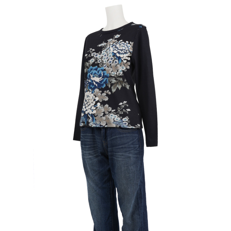 花柄 長袖カットソー ＜蔦と菊牡丹/黒青＞ | 京友禅アロハシャツ