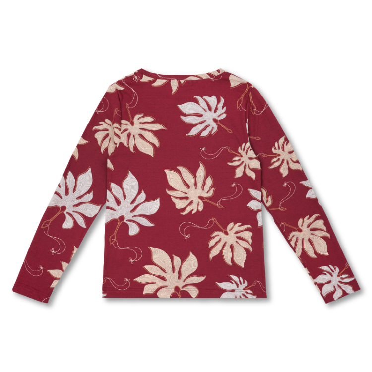 和柄 長袖カットソー ＜鞍馬天狗のうちわ/濃赤＞ | 京友禅アロハシャツ