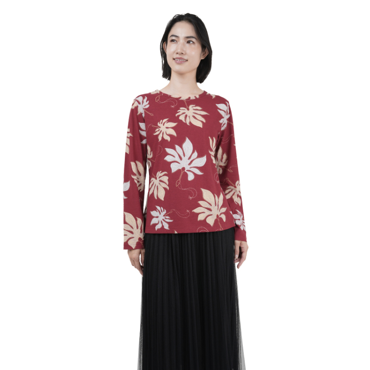 和柄 長袖カットソー ＜鞍馬天狗のうちわ/濃赤＞ | 京友禅アロハシャツ