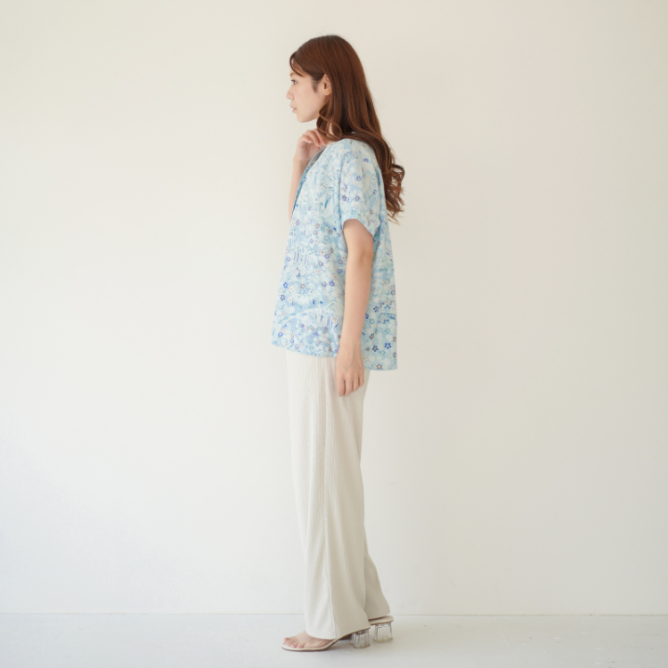 和柄 マオカラーブラウス ＜茶屋辻/水色＞ | 京友禅アロハシャツ