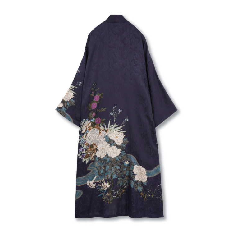酒井抱一 シルクハオリ ＜流水四季草花図/紺紫＞ | 京友禅アロハシャツ 