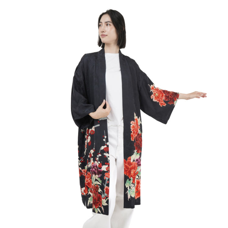 花柄 シルクハオリ ＜富貴花/黒橙＞ | 京友禅アロハシャツ【Pagong
