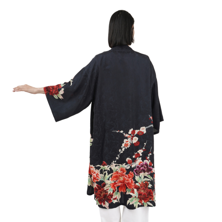 花柄 シルクハオリ ＜富貴花/黒橙＞ | 京友禅アロハシャツ【Pagong