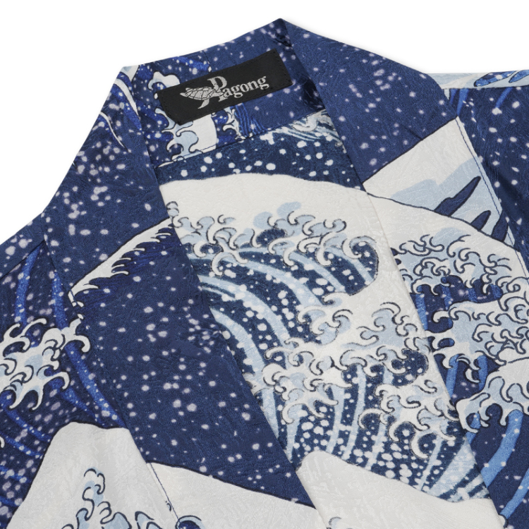 北斎の鷹様売約済みPagong京友禅新品横縞に火焔太鼓シルク 約100年の伝統からなる「京友禅アロハシャツ」100％シルクの着