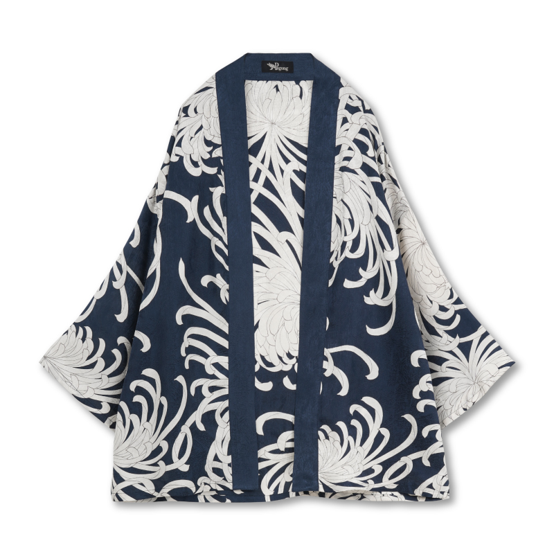 花柄 シルクハオリS ＜乱菊/濃紺＞ | 京友禅アロハシャツ【Pagong